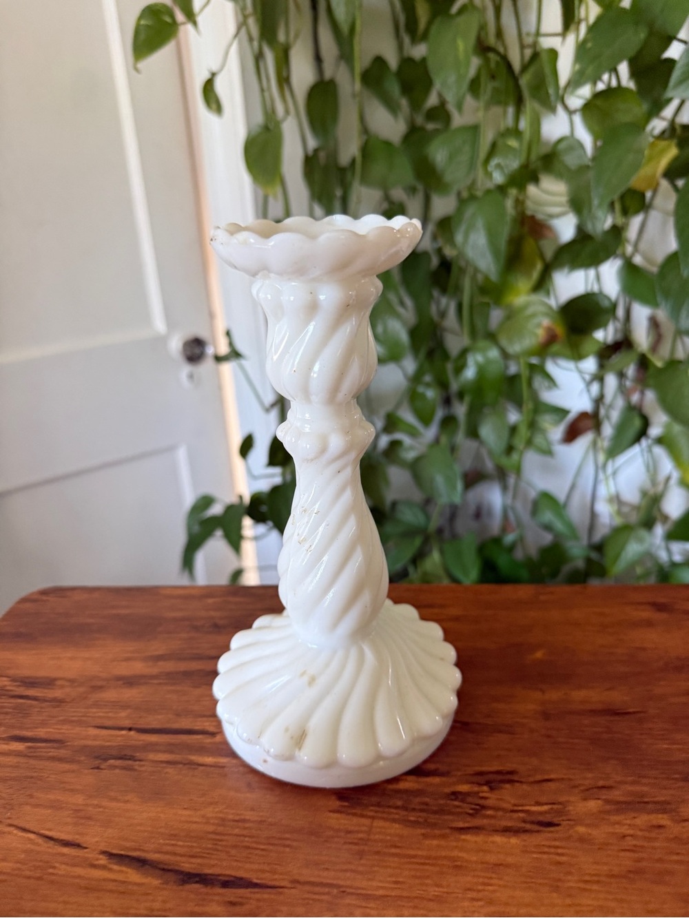 White Twisted Milk Glass Candlestick Holder -vintage